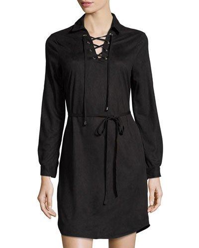 Faux-suede Lace-up Dress, Black