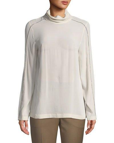 Monili-piped Mock-neck Blouse