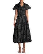 Button-front Flared-sleeve A-line Floral-embroidered