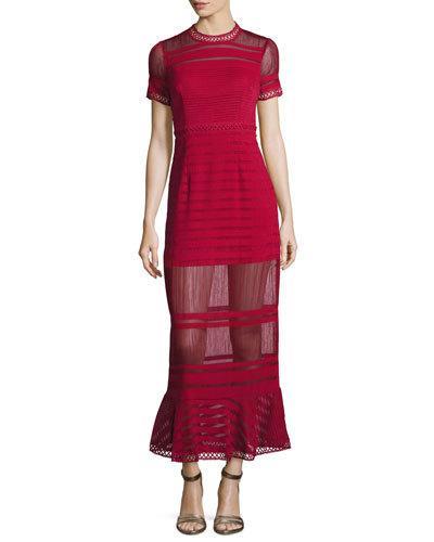 Sheer Striped Fluted Dress, Red