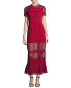 Sheer Striped Fluted Dress, Red