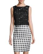 Lace-popover Plaid-print Dress, Black/white