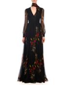 V-neck Long-sleeve Floral-meadow Print Chiffon Evening Gown