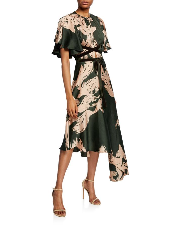 El Despertar De La Esencia Palm-print Satin Flutter-sleeve Dress