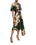 El Despertar De La Esencia Palm-print Satin Flutter-sleeve Dress