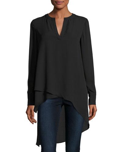 Long-sleeve Split-neck Blouse, Black