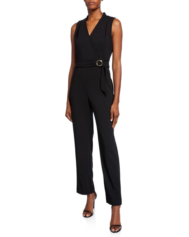 V-neck Sleeveless Belted Jumpsuit