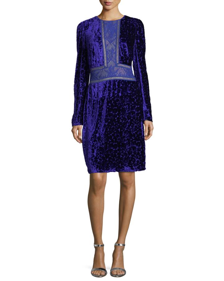 Long-sleeve Velvet Burnout Cocktail Dress W/
