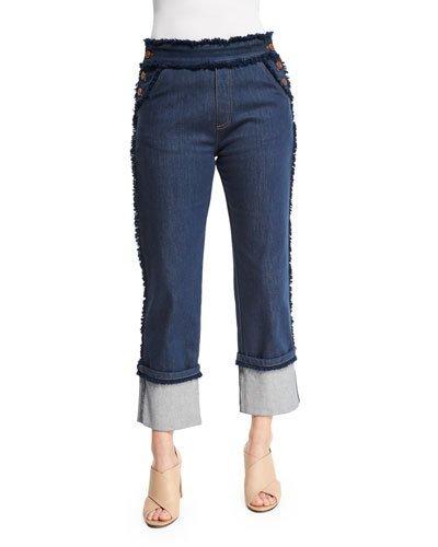 Cuffed Raw-edge Stretch Jeans, Dark Navy