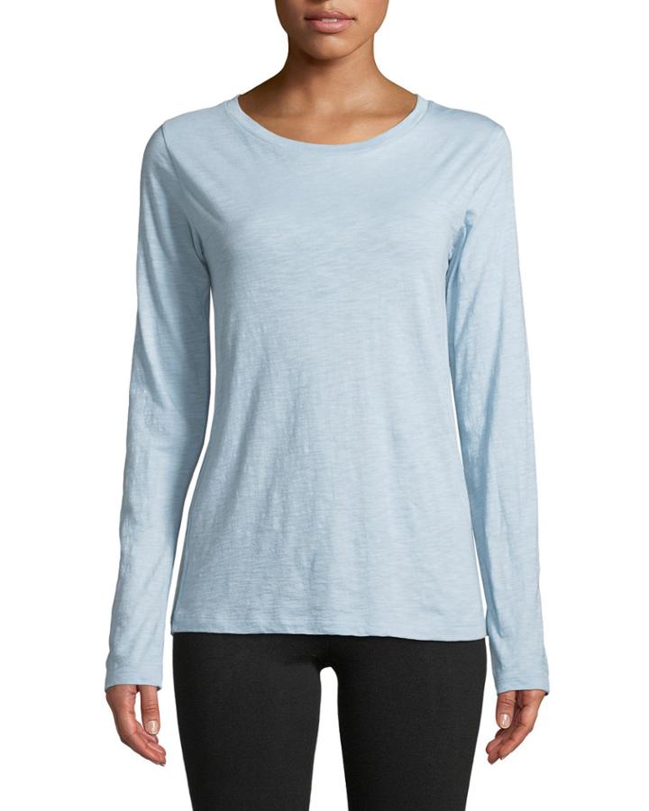 Crewneck Long-sleeve Slub Pima Cotton Top