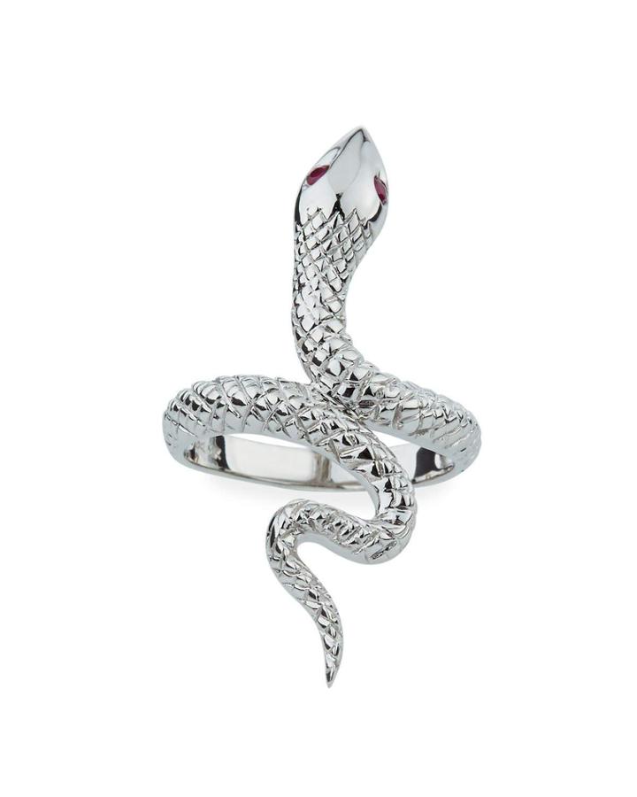 14k White Gold Snake Ring W/ Ruby Eyes,