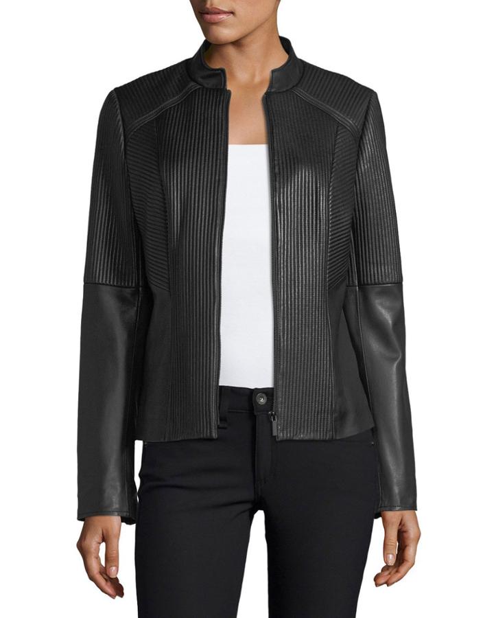 Ribbed Quilted Center-zip Leather
