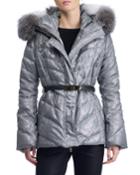Apres-ski Belted Metallic Quilted Puffer Jacket W/ Fox-fur Hood