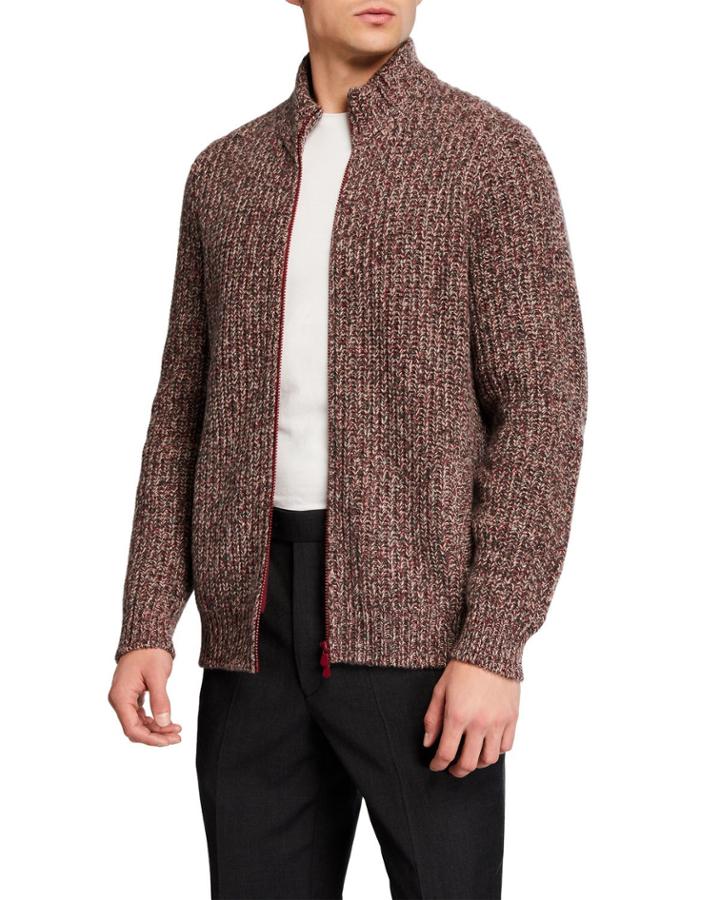 Men's Cashmere Half English Rib High-neck Cardigan