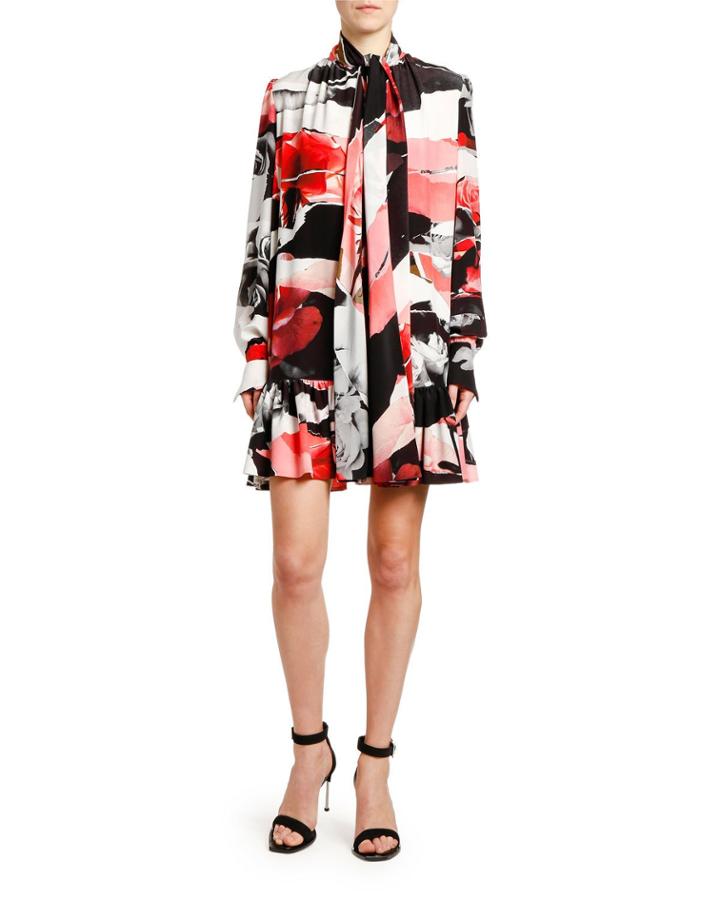 Torn Rose-print Crepe De Chine Tie-neck Dress