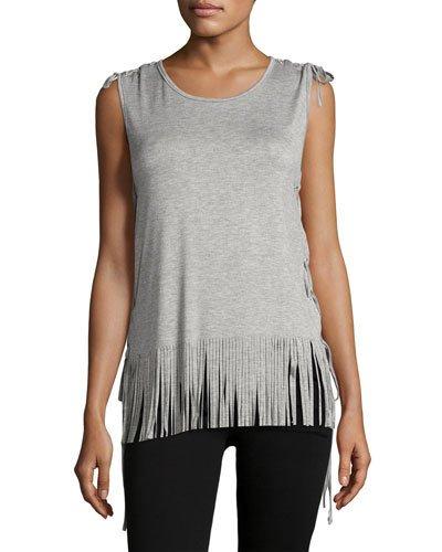 Lace-up Fringe-hem Jersey Tank, Gray