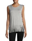 Lace-up Fringe-hem Jersey Tank, Gray