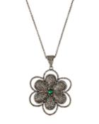 Diamond Pave & Emerald Flower Pendant Necklace