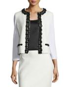 Beaded Embossed-knit 3/4-sleeve Jacket, Frost/caviar