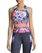 Washed Floral-print Lace-up Crop Top, Blue Pattern