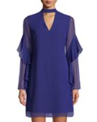 Choker-neck Sheer-sleeve Dress