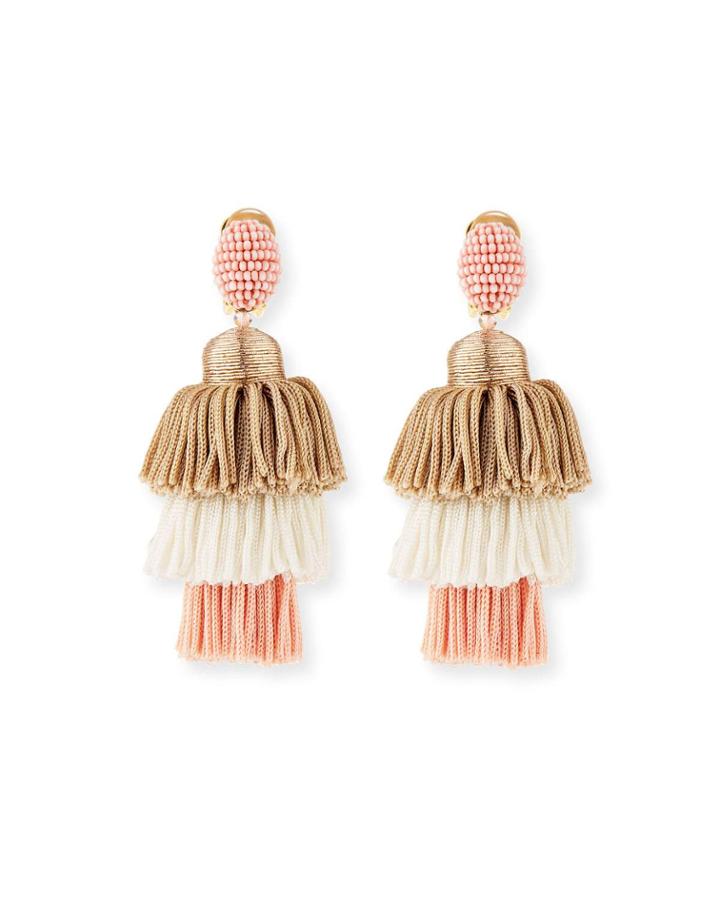 Long Tiered Silk Tassel Clip-on Earrings, Pink