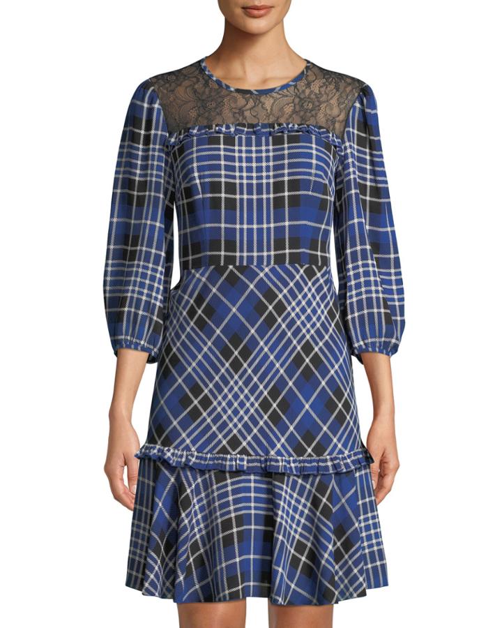 Lace Illusion Plaid A-line Dress