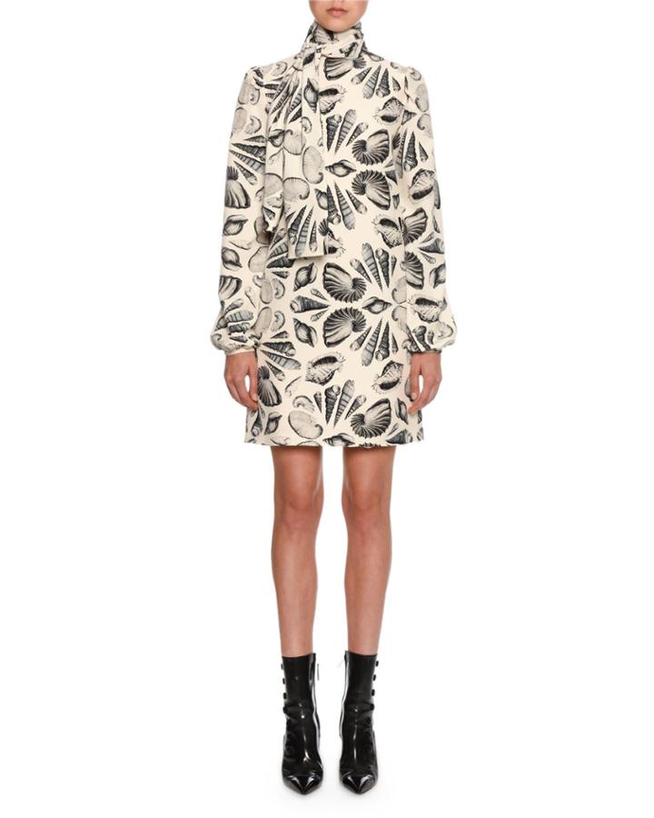Long-sleeve Tie-neck Shell Print