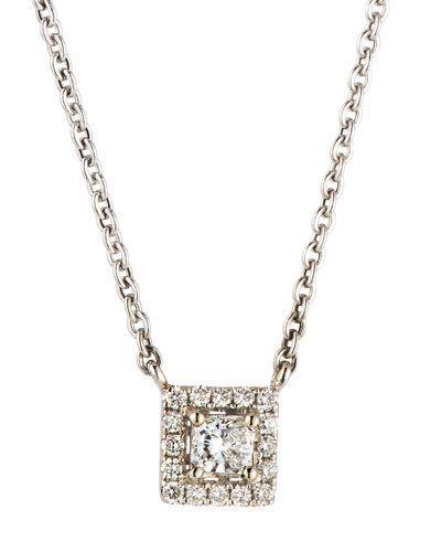 14k White Gold Diamond Square Solitaire Pendant Necklace,