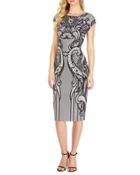 Lace-print Cap-sleeve Midi Dress, White/black