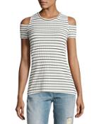 Ribbed Striped Cold-shoulder Top, Cream