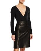 Sueded Jersey Ruched-sleeve V-neck Bodysuit