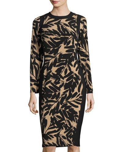 Brushstroke-print Jersey Midi Dress, Buff/black