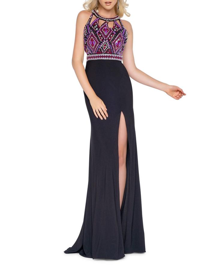 Aztec Beaded Open-back Jersey Halter Gown With Cutouts