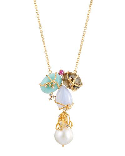 Multi-gemstone & Baroque Pearl Cluster Pendant Necklace