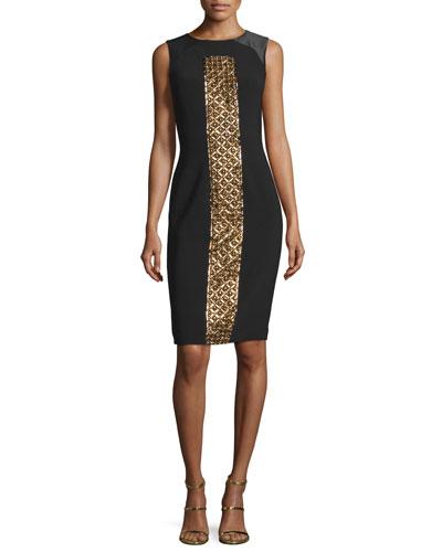Sleeveless Beaded Cocktail Dress, Black/gold