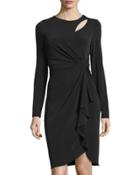 Long-sleeve Cutout Faux-wrap Dress, Black