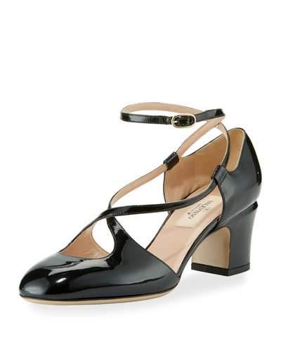 Crisscross Patent Ankle-wrap Pump, Black