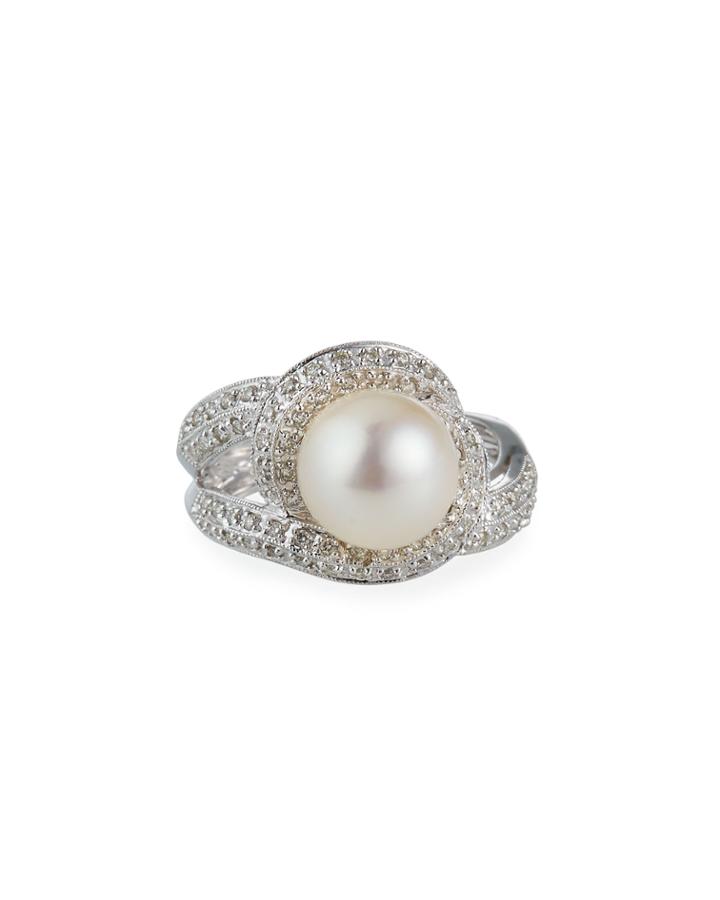 14k White Gold Akoya Pearl Diamond Pave Ring, White