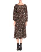 Bouquet-print Peasant Midi Dress, Black Pattern