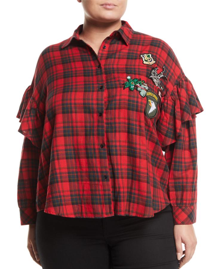 Patchwork-front Plaid Button-front Blouse,