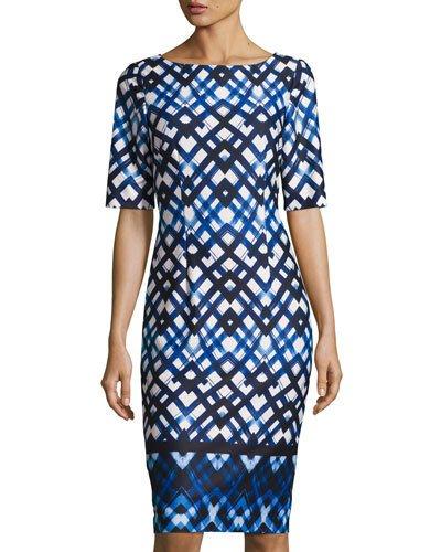 Geometric-print Half-sleeve Sheath Dress, Blue