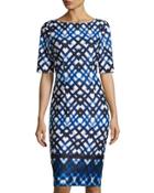 Geometric-print Half-sleeve Sheath Dress, Blue