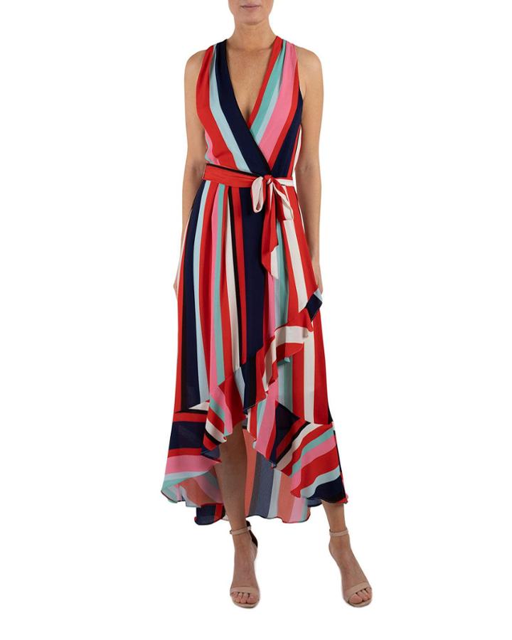 Ruffle Striped High-low Wrap Dress