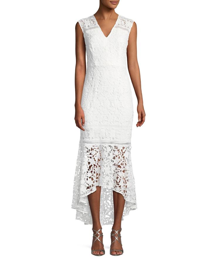 Evangelina Cap-sleeve Floral Lace Gown, Optic White