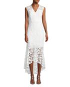Evangelina Cap-sleeve Floral Lace Gown, Optic White