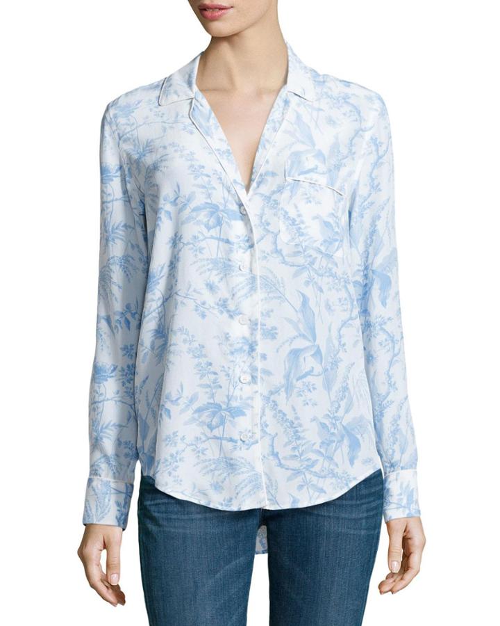 Equipment Keira Botanical-print Blouse, Periwinkle Blue/yellow - (large)
