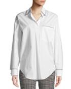 Long-sleeve Button-down Cotton Tunic Shirt W/ Contrast Piping