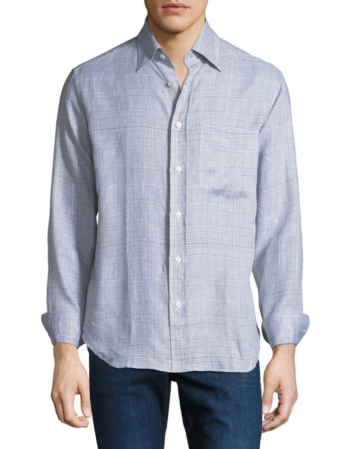 Men's Linen Plaid Button-down