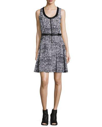Sleeveless Belted Dress W/contrast Trim, Black/white/ecru